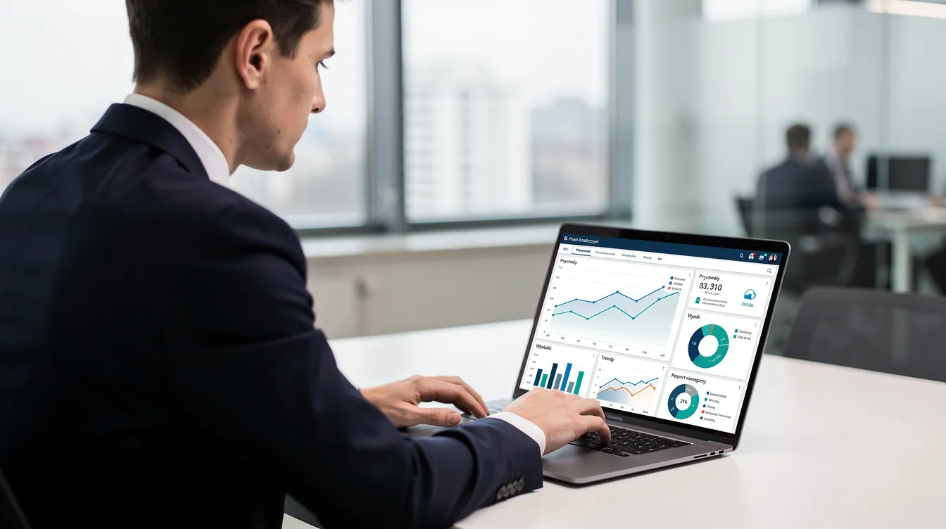 Na zdjęciu widoczny jest profesjonalista biznesowy, który przegląda dashboard analityczny na swoim laptopie. Obraz ilustruje, jak narzędzia HubSpot CRM wspierają zarządzanie relacjami z klientami oraz analizę danych w czasie rzeczywistym, co przyczynia się do wzrostu firmy.