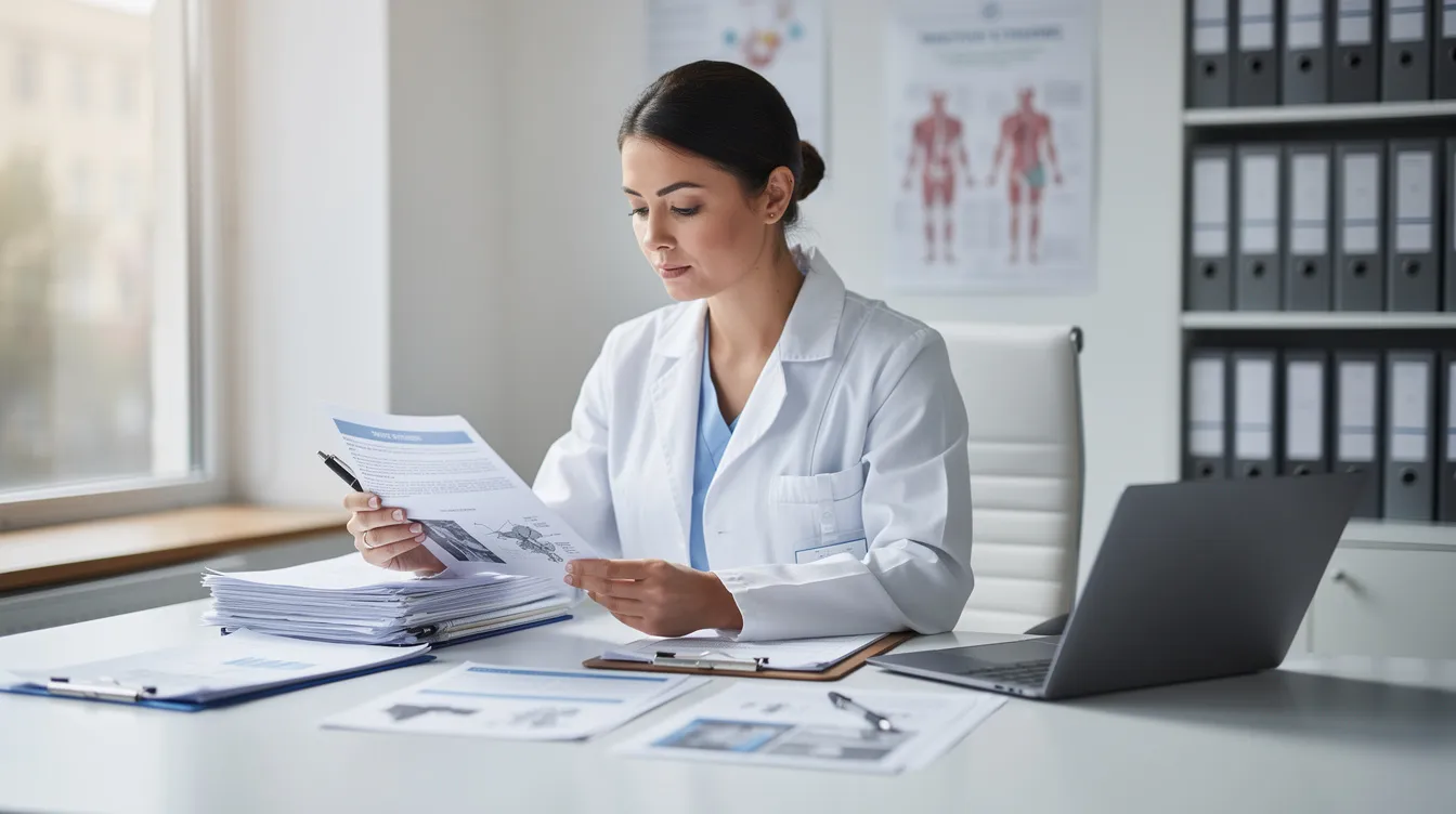 A medical professional in a white coat is seated at a desk, reviewing documents related to weight loss medications and clinical trials. The setting suggests a focus on effective treatments for weight management and body weight regulation, possibly involving FDA-approved prescription medications.