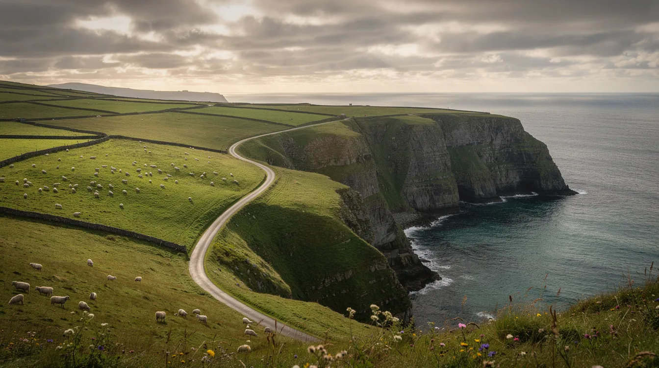 The image depicts a rugged green peninsula coastline in Ireland, where sheep graze peacefully on hillside pastures, and a winding single-track road leads toward the sea, inviting visitors to explore the stunning natural beauty of this hidden gem. This picturesque scene captures the essence of the Emerald Isle, perfect for tourists seeking a serene getaway.
