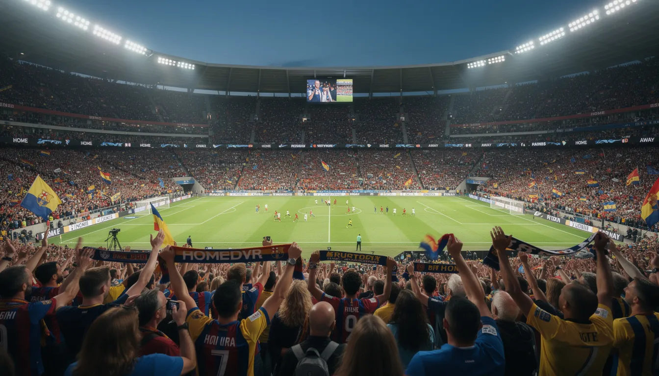 En sportarena är fylld med entusiastiska fans som hejar på sitt lag under en fotbollsmatch. Stämningen är hög och åskådarna är engagerade i spelet, vilket skapar en livlig atmosfär där många vill vinna riktiga pengar genom att spela på matchens utfall.