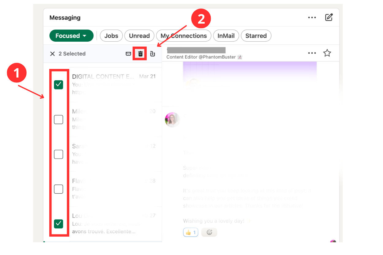 LinkedIn Manage Conversations interface with bulk selection