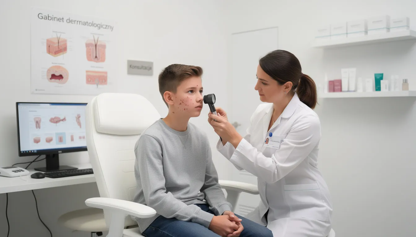 Na obrazie widoczny jest nastolatek podczas konsultacji dermatologicznej w nowoczesnym gabinecie medycznym, gdzie omawiane są metody leczenia trądziku młodzieńczego. W tle znajdują się sprzęty medyczne oraz kosmetyki do pielęgnacji skóry, co sugeruje kompleksowe podejście do problemu zmian skórnych.