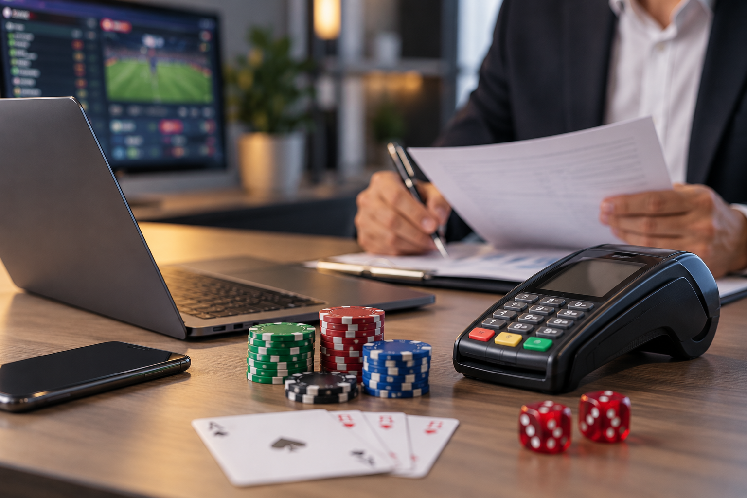 Gambling merchant account underwriting setup with payment terminal, poker chips, cards, and business documents.