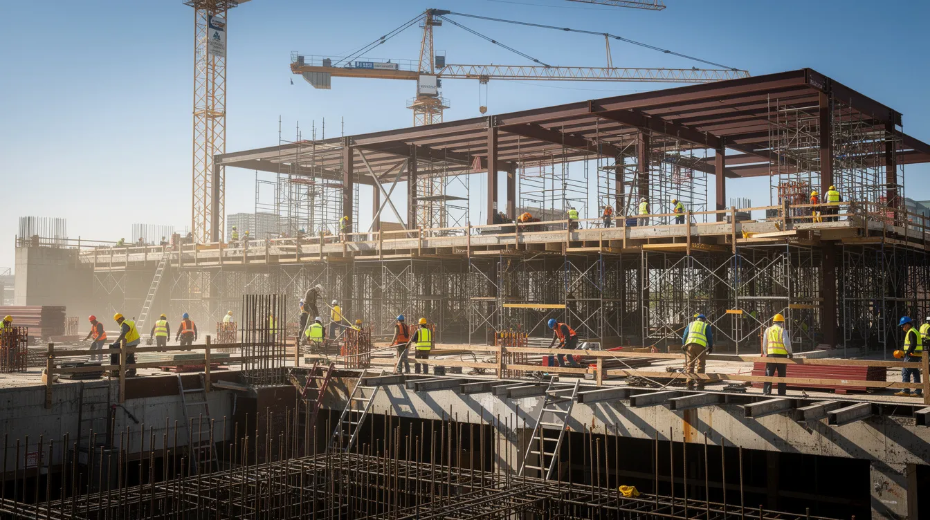 Construction workers in hard hats and safety vests on a commercial jobsite with steel framing and scaffolding.