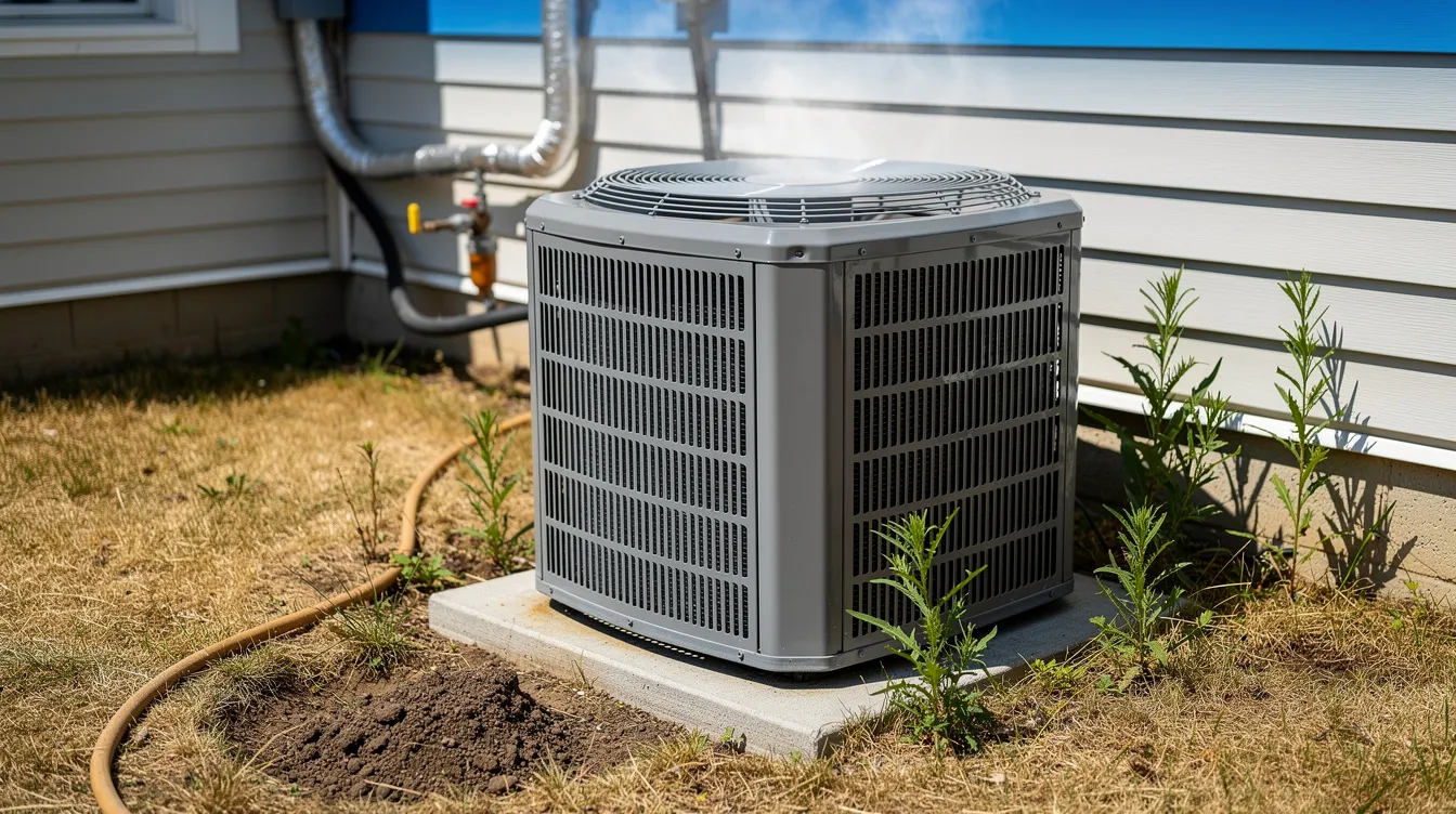 An outdoor air conditioning condenser unit is positioned next to a house, working to blow cool air on a hot summer day. The unit is part of the air conditioning system, essential for maintaining comfortable indoor air quality and managing air temperature.