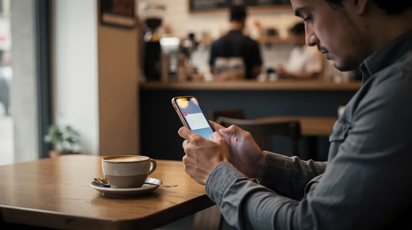 A person is sitting at a coffee shop table, focused on reading an email on their smartphone, potentially reviewing an onboarding email sequence or follow-up email from their email marketing software. The cozy atmosphere suggests a moment of engagement with valuable content, likely aimed at nurturing customer relationships.
