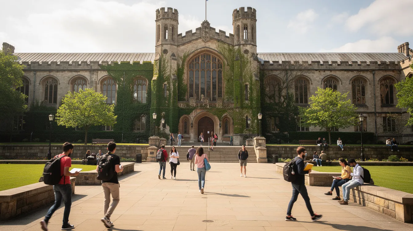 Das Bild zeigt ein historisches Universitätsgebäude, vor dem viele Studierende und Studenten entlanggehen. Die Atmosphäre ist lebhaft und akademisch, was den wichtigen Rahmen für das Verfassen von Abschlussarbeiten und wissenschaftlichen Arbeiten verdeutlicht.