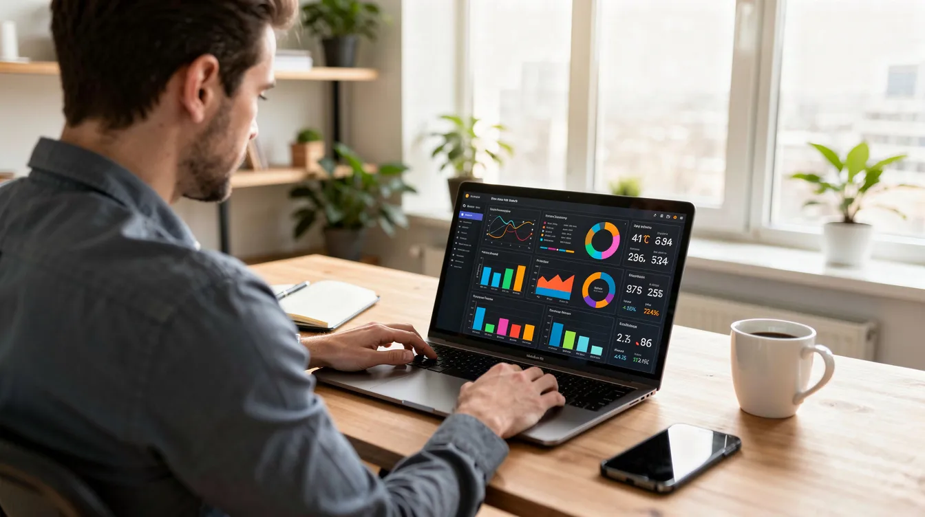 A small business owner is focused on reviewing analytics on a laptop in a modern office, highlighting the importance of data analysis for successful SEO campaigns. The scene suggests a strategic approach to improving website traffic and search engine rankings, essential for Melbourne businesses seeking growth.