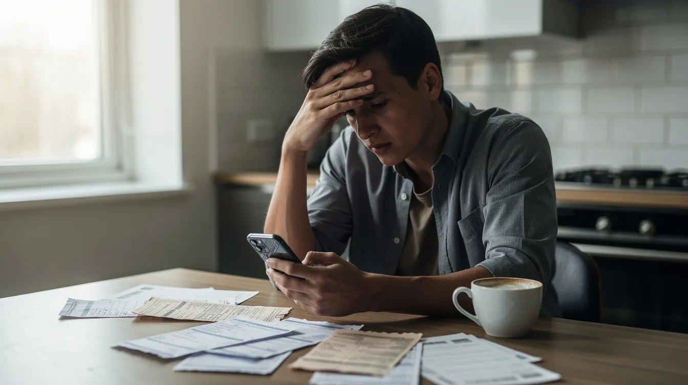 A person sits at a kitchen table looking stressed while holding a phone, possibly dealing with their insurance company regarding a car accident and contemplating the importance of seeking legal advice before giving a recorded statement.