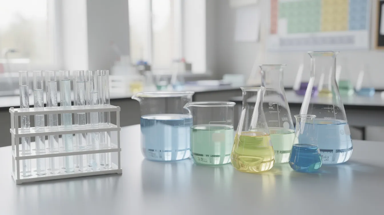 Na stole w szkolnym laboratorium chemicznym znajdują się szklane naczynia laboratoryjne, w tym prob&oacute;wki i zlewki, kt&oacute;re są używane do przeprowadzania r&oacute;żnych eksperyment&oacute;w chemicznych, takich jak badanie składnik&oacute;w powietrza czy rodzaje przemian.