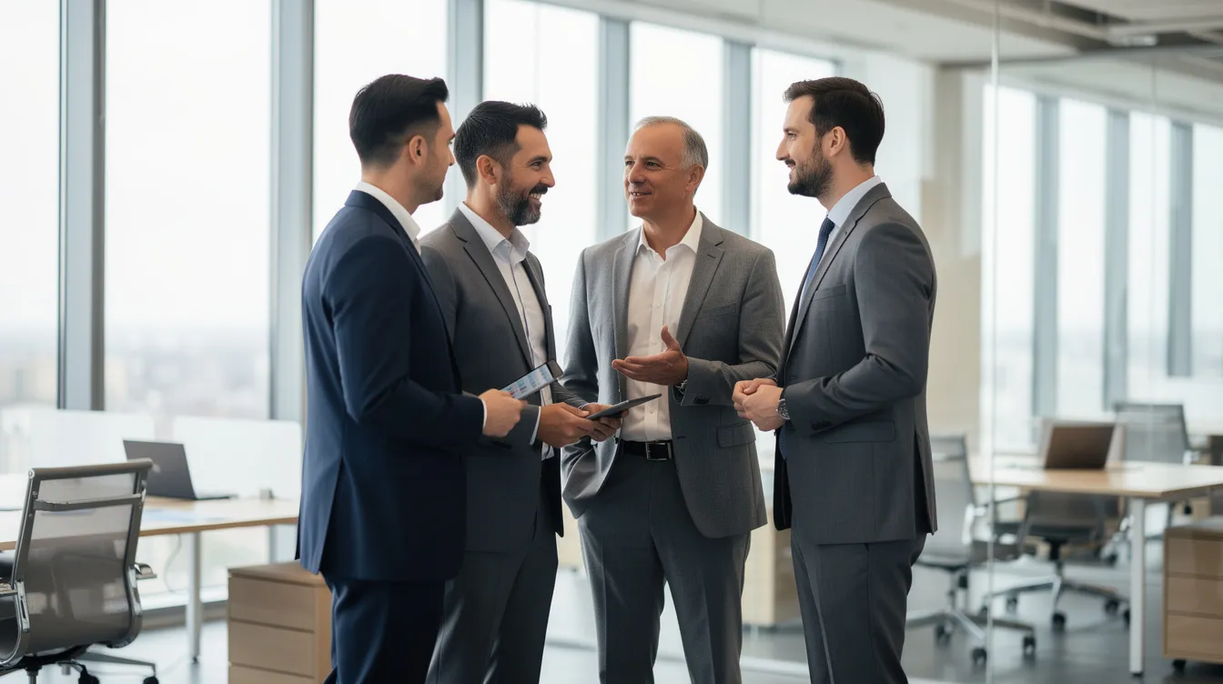 The image depicts a small group of professional men engaged in conversation in a modern office setting, likely discussing topics related to personal growth and mental health. This supportive environment fosters meaningful connections among group members as they share their experiences and coping skills.