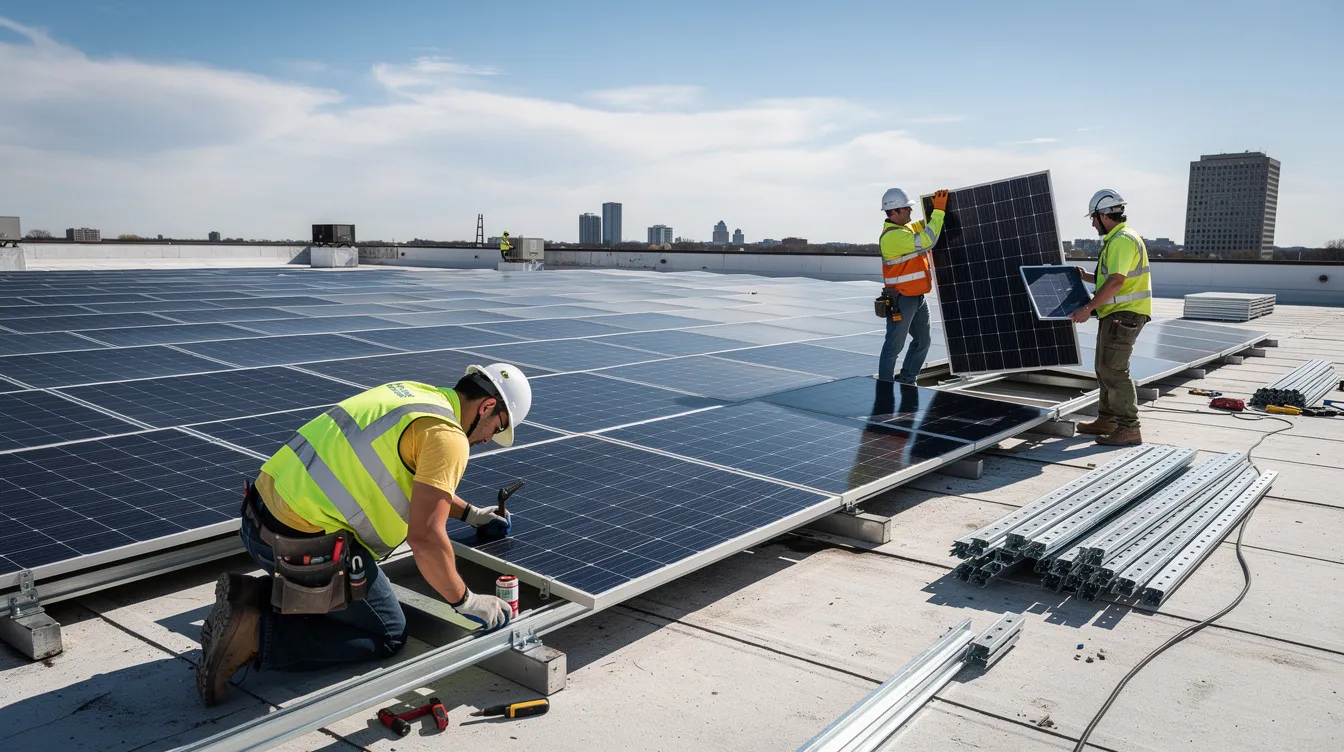Construction workers installing solar panels on a rooftop, showcasing the hands-on training aspect of registered apprenticeship programs in the renewable energy sector.