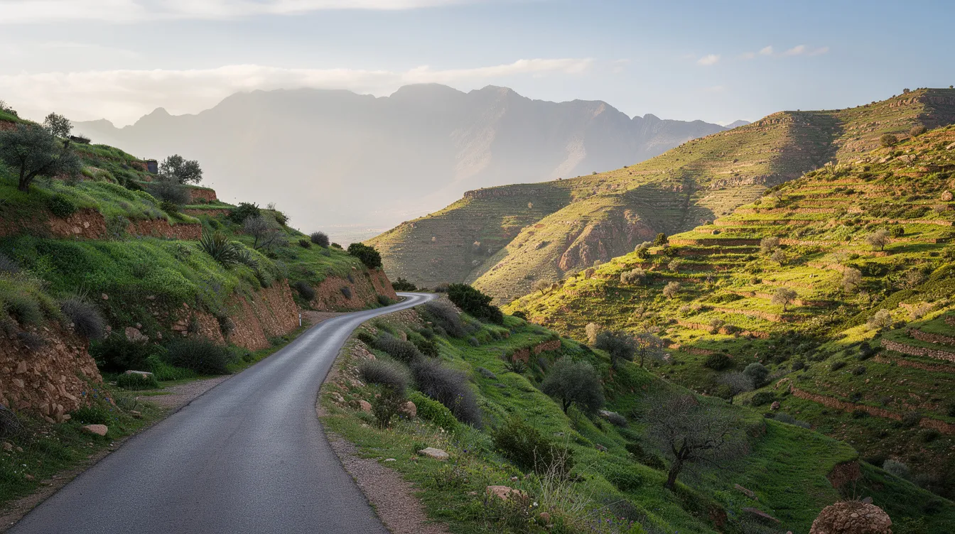 The image depicts a winding mountain road in northern Morocco, flanked by lush green hillsides and distant peaks of the Atlas Mountains. This scenic route offers breathtaking views, ideal for those planning a road trip or looking to rent a car in Tangier for an adventurous exploration of the Moroccan countryside.
