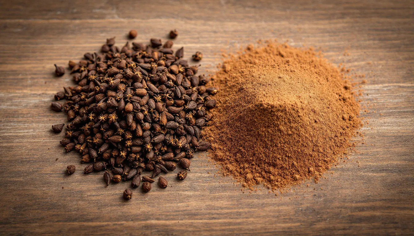 The image features both whole and ground cloves displayed on a rustic table, showcasing the earthy spices that are essential for enhancing the flavors of fall dishes like pumpkin pie and roasted vegetables. These versatile spices are perfect for adding warmth to savory meals and baked goods alike.