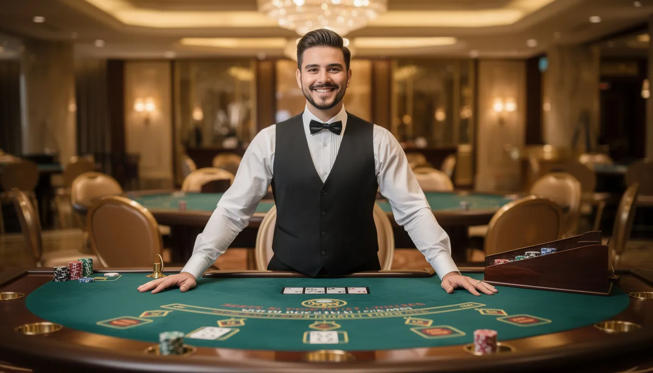 En professionell casinodealer står vid ett spelgrönt bord i ett live casino, redo att assistera spelare med sina insatser och spel. Atmosfären är livlig och visar på spänningen hos casinonas utbud av spel, där både nya och erfarna spelare kan delta.