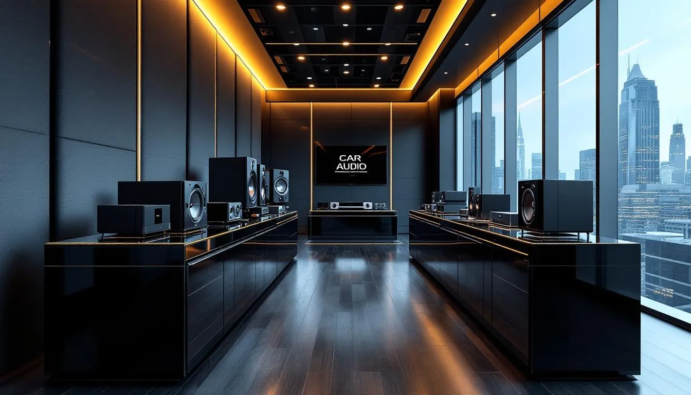 The image shows a premium car audio showroom filled with high-end audio components and electronics designed for superior sound performance. In the background, displays highlight installation services and products, showcasing the passion and craftsmanship of the installers in the business.
