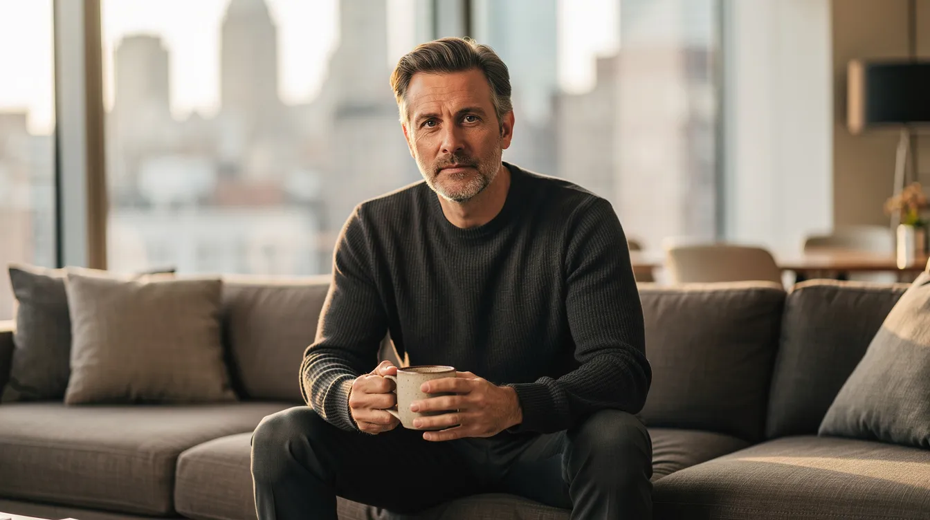 A contemplative man in his early 40s sits alone in a modern luxury Manhattan apartment, bathed in warm natural light from large floor-to-ceiling windows that frame a blurred city skyline. Dressed in a tailored dark sweater, he holds a coffee mug and gazes thoughtfully toward the camera, embodying emotional awareness and the journey of personal growth often explored in men's group therapy sessions.