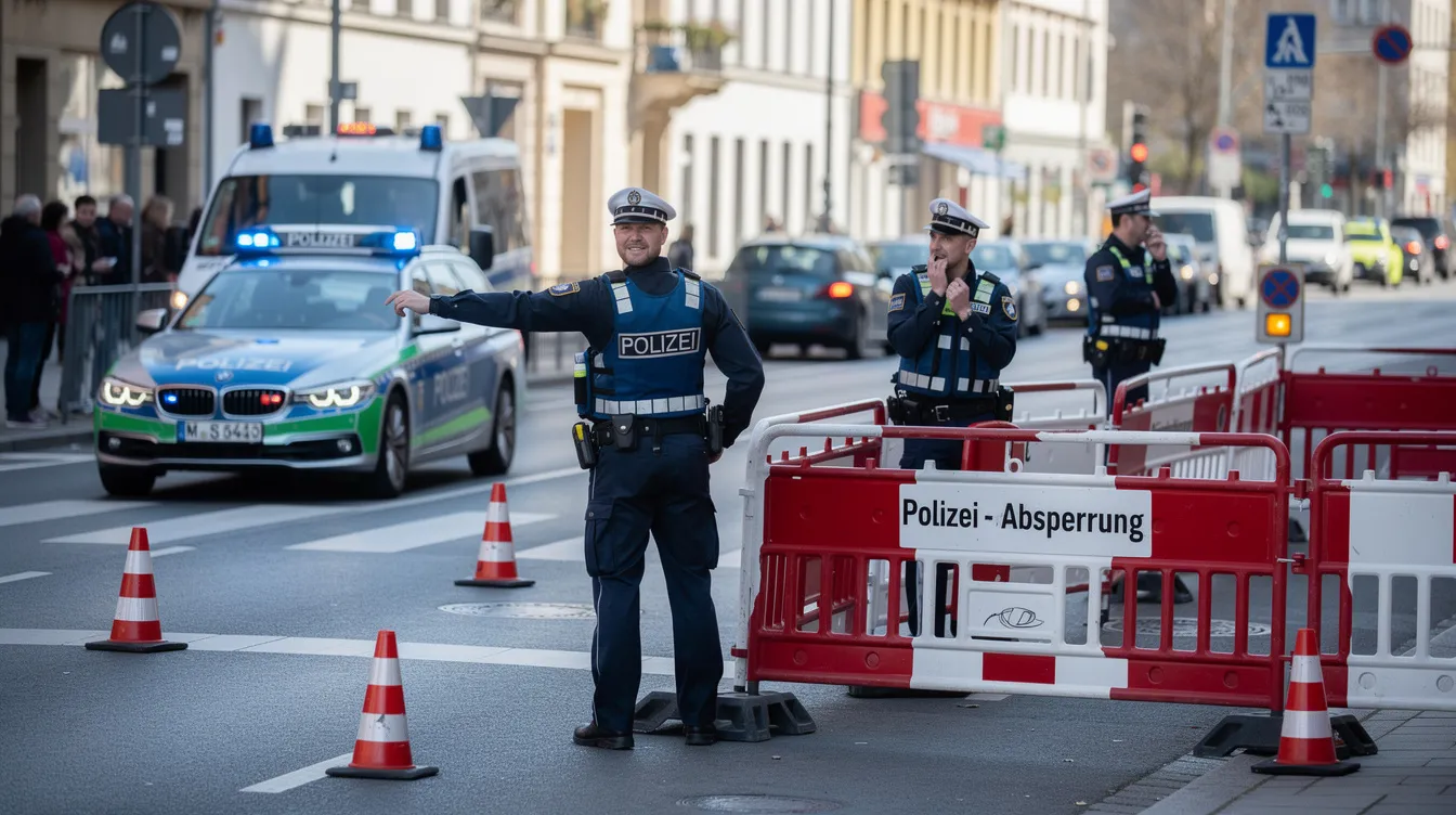 Auf dem Bild sind mehrere Polizisten in Uniform an einer Straßenkreuzung zu sehen, die mit Absperrungen gesichert ist. Diese Szene könnte im Kontext eines Protests von Klimaaktivisten stehen, bei dem die Polizei für die öffentliche Sicherheit sorgt und den Verkehr regelt.