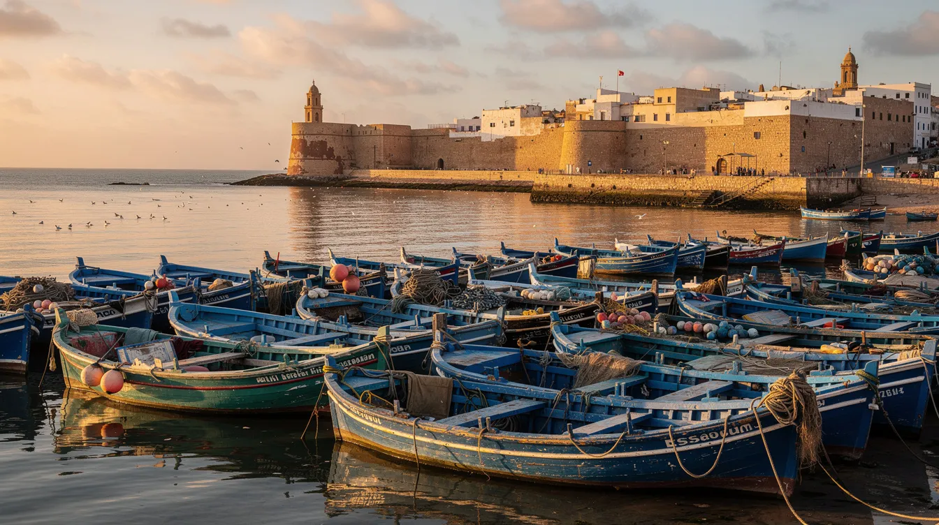 Essaouira harbor with blue fishing boats and the medina walls in the background.