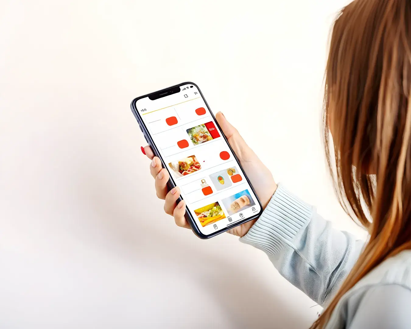 Mobile food delivery app interface viewed on smartphone by customer researching takeaway options, representing targeted food delivery marketing and restaurant customer acquisition strategies.