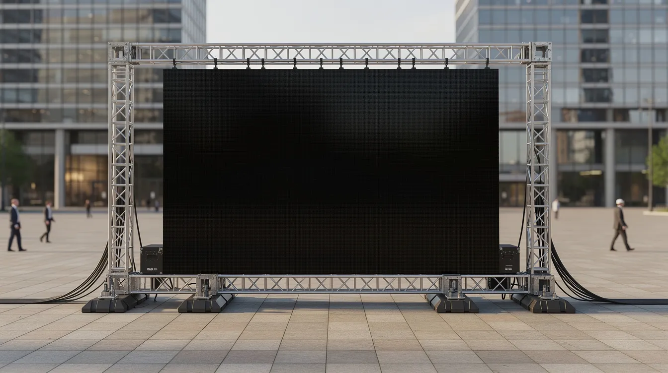 A professional outdoor LED screen is mounted on a sturdy ground-support structure in a large open plaza, creating a vibrant atmosphere perfect for hosting a great watch party. The setup includes ample seating for larger groups, making it an ideal spot for fans to gather and enjoy the main event together.