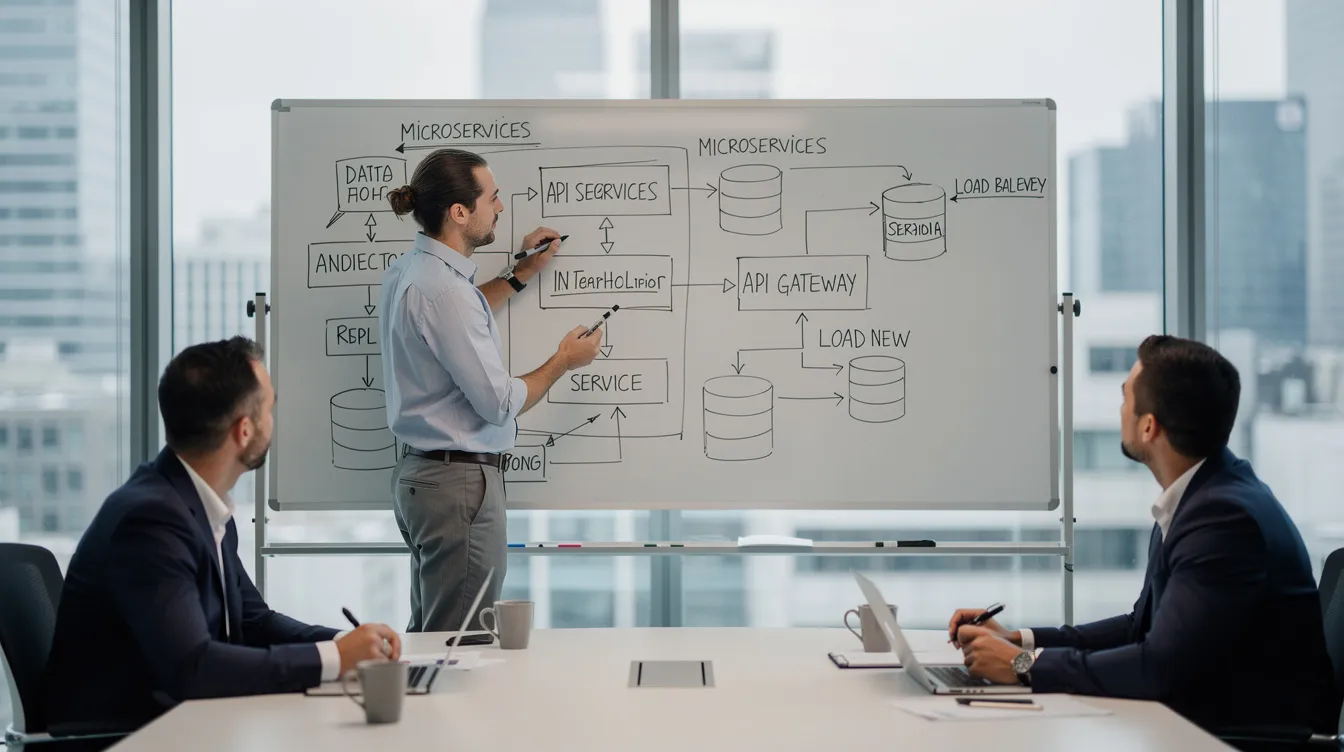 A person in a modern office is standing at a whiteboard, sketching a technical architecture diagram related to AI engineering during an AI engineer interview. The diagram likely includes elements such as machine learning models and system design thinking, showcasing their understanding of complex tasks in AI systems.
