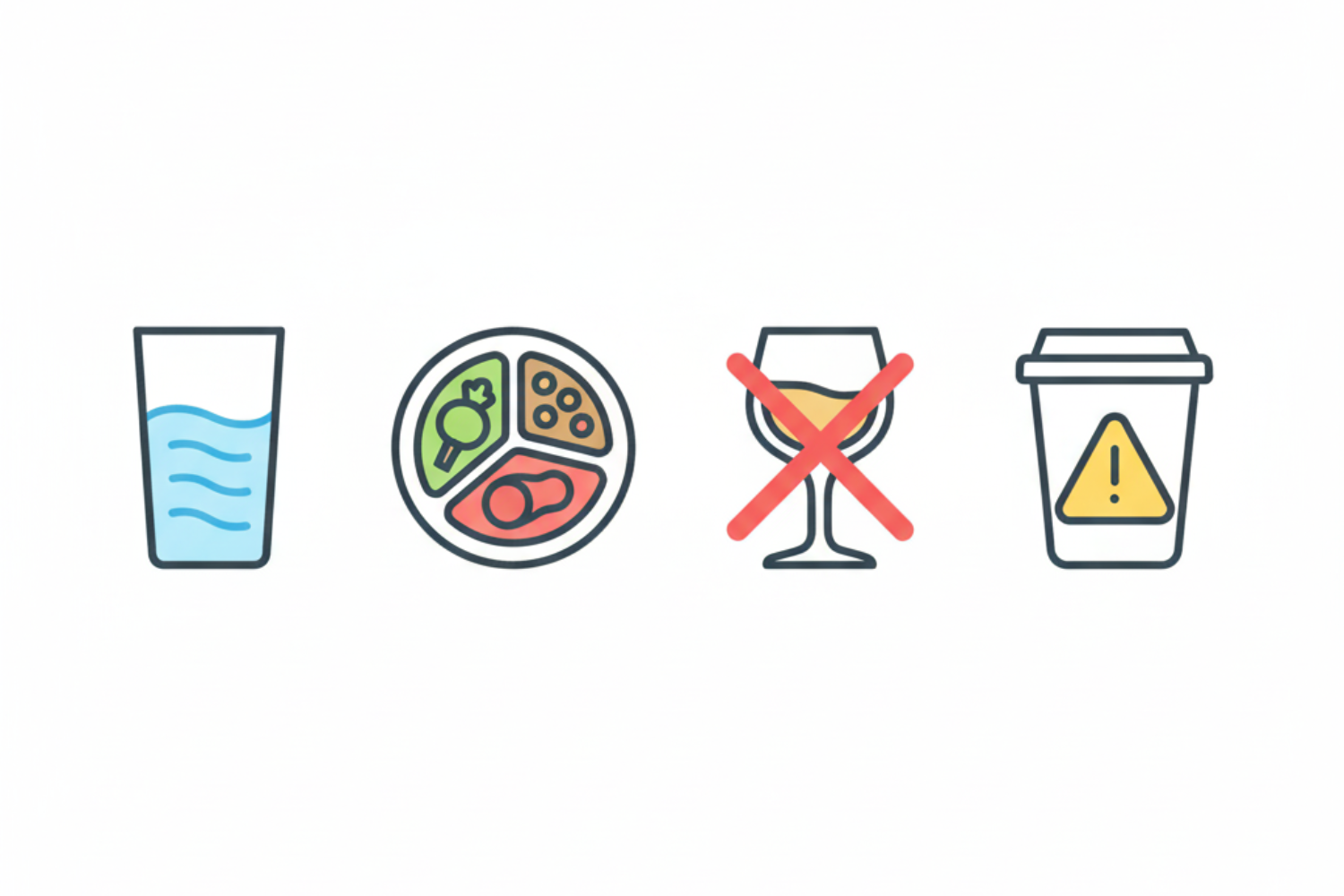 Clean infographic-style image with four simple icons: a glass of water, a balanced food plate, a crossed-out alcohol glass, and a coffee cup with a caution sign.