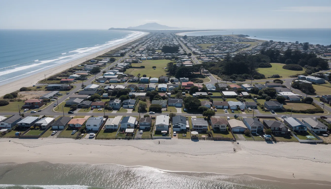 An aerial view captures the coastal homes along Kapiti Beach, showcasing the typical housing density in the area. This image reflects the vibrant community of Kapiti Coast residents, highlighting the importance of strategic renovations and planning for home remodeling projects.
