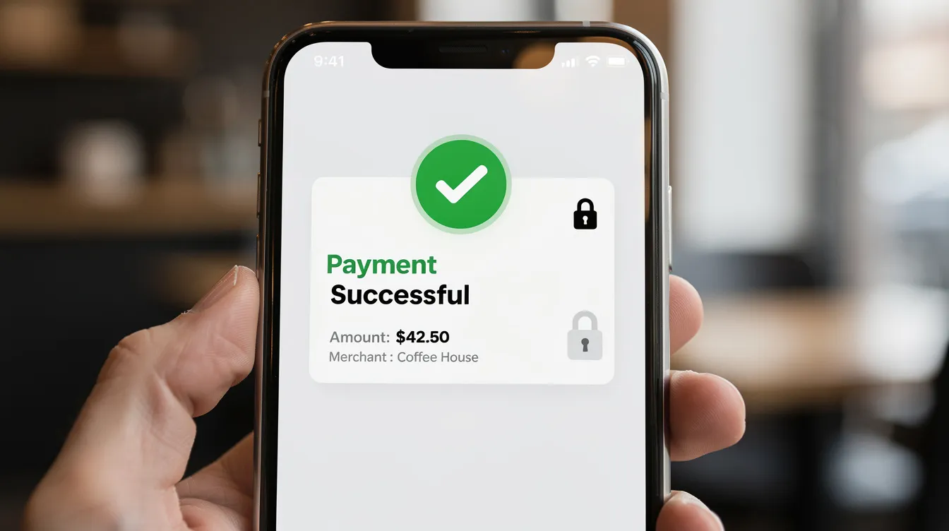 A close-up view of a smartphone screen displays a digital wallet payment confirmation featuring a prominent lock icon, symbolizing secure transactions. This image highlights the convenience of mobile payment apps, such as Apple Pay and Google Wallet, which allow users to manage payment methods for everyday transactions securely.