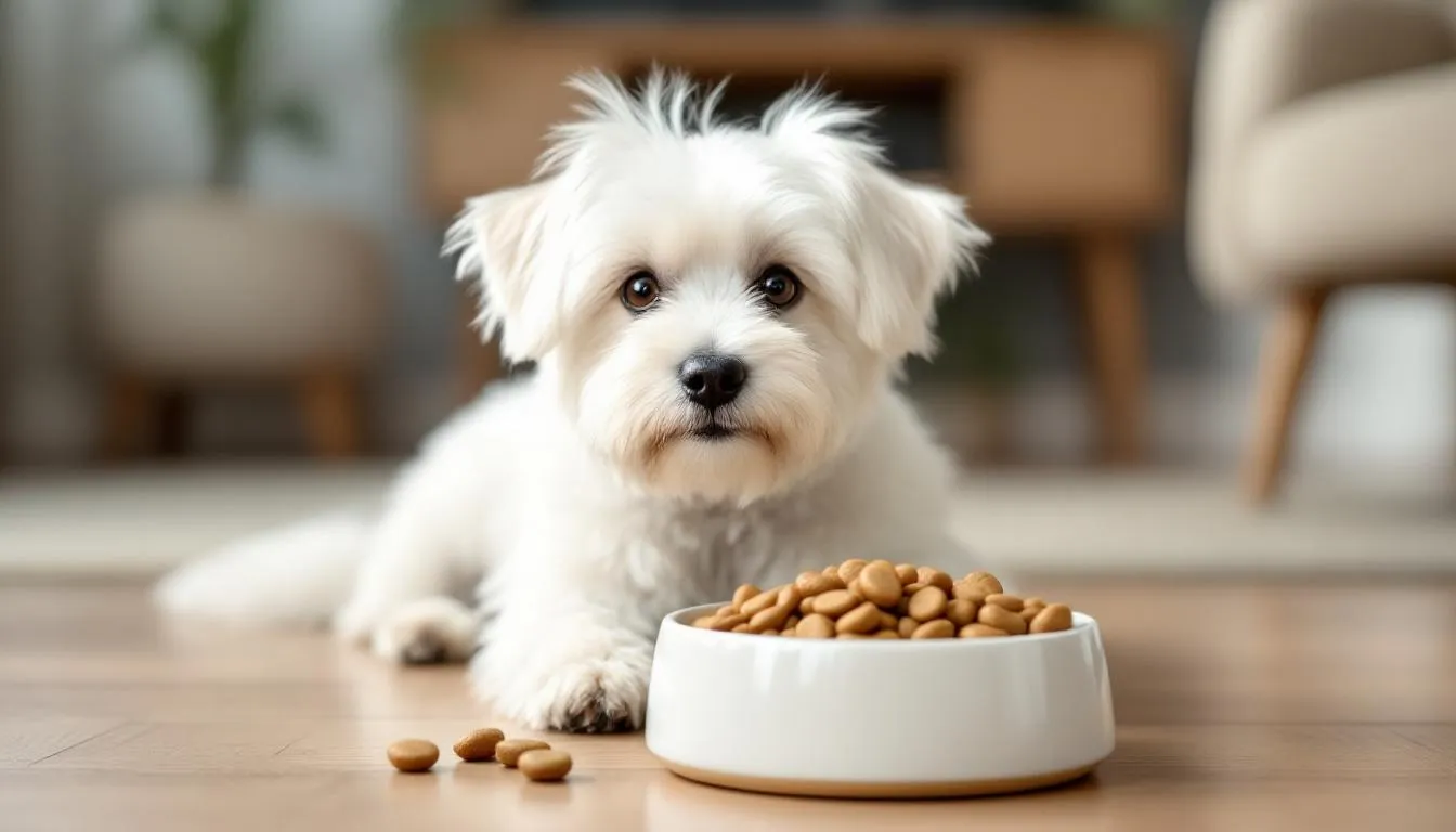 A tiny Maltese dog with a long silky coat is happily eating high-quality dog food from a bright dog bowl. The scene captures the affectionate personality of this purebred Maltese, showcasing its small size and healthy appearance.