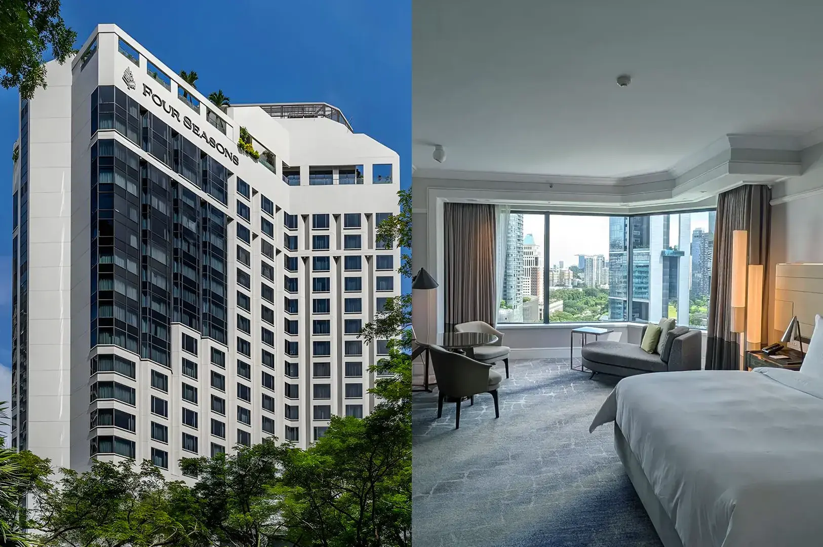 Four Seasons Hotel Singapore exterior with balconies and greenery alongside a spacious room with curved windows and city skyline views