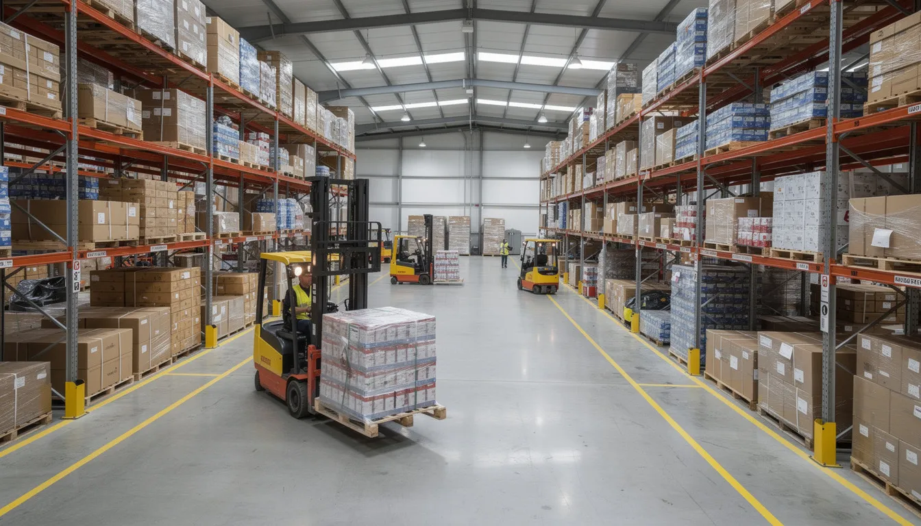 Na zdjęciu przedstawiony jest magazyn, w którym znajdują się palety z towarami oraz wózki widłowe. W tle widać różne produkty, a przestrzeń jest zorganizowana w sposób sprzyjający efektywnemu zarządzaniu zapasami, co ma kluczowe znaczenie dla utrzymania płynności finansowej przedsiębiorstwa.