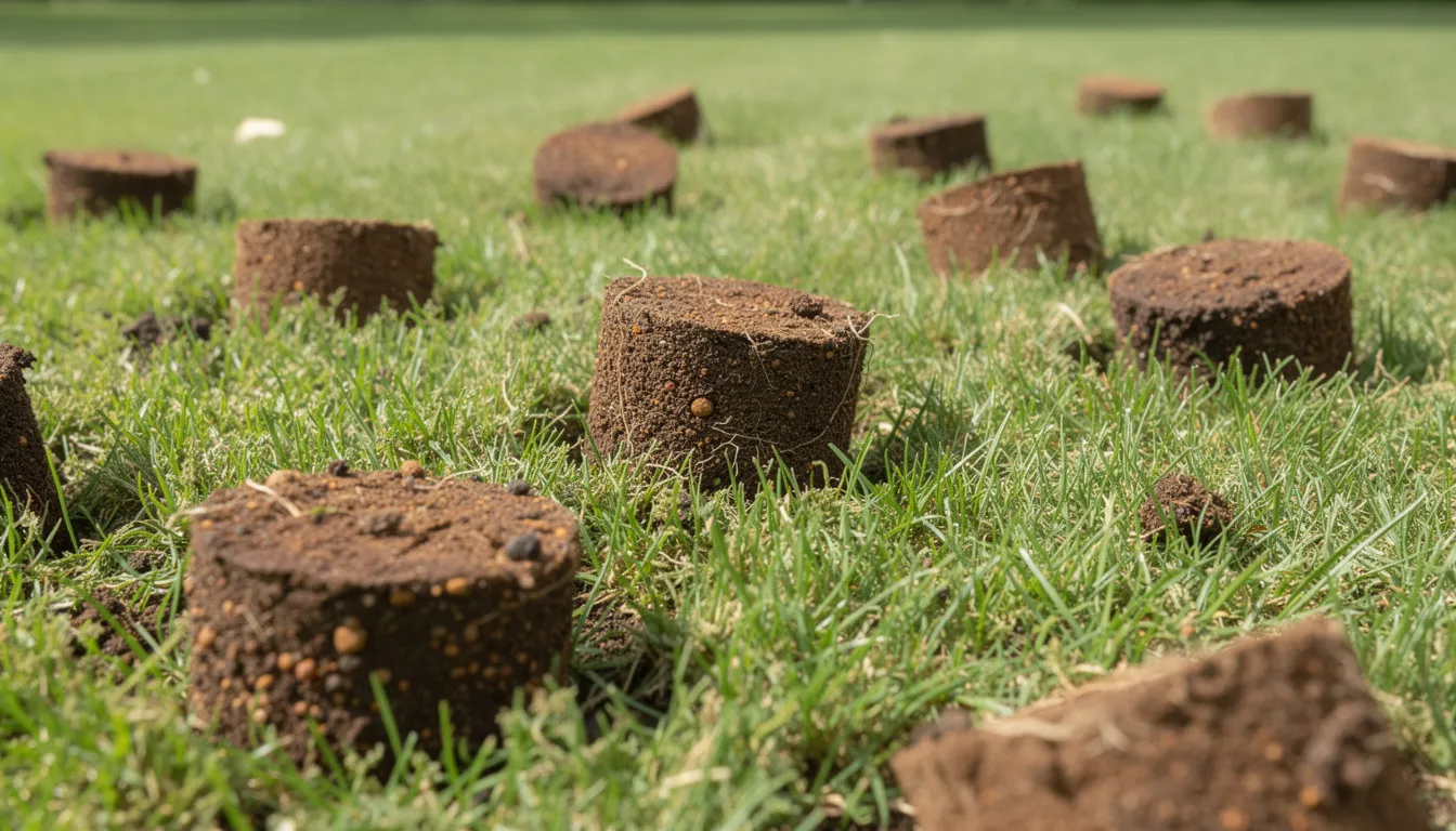 The image shows a close-up view of cylindrical soil plugs scattered across a lush green lawn after core aeration, highlighting the small holes created in the compacted soil. This process allows air, water, and nutrients to reach the grass roots, promoting a healthier and more vigorous lawn.