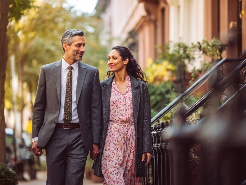 American couple whose parents immigrated from India walking together in Manhattan, showing emotional connection and relationship growth.
