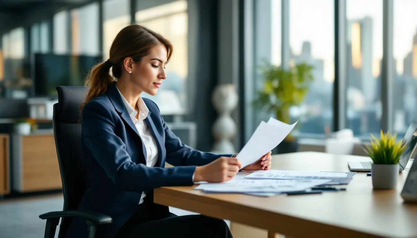 A medical professional is seated at a desk in a well-appointed office, reviewing financial documents related to retirement plans, such as cash balance plans and defined benefit plans. The setting reflects a focus on financial management and retirement security, indicating the importance of understanding plan assets and employer contributions for future benefits.