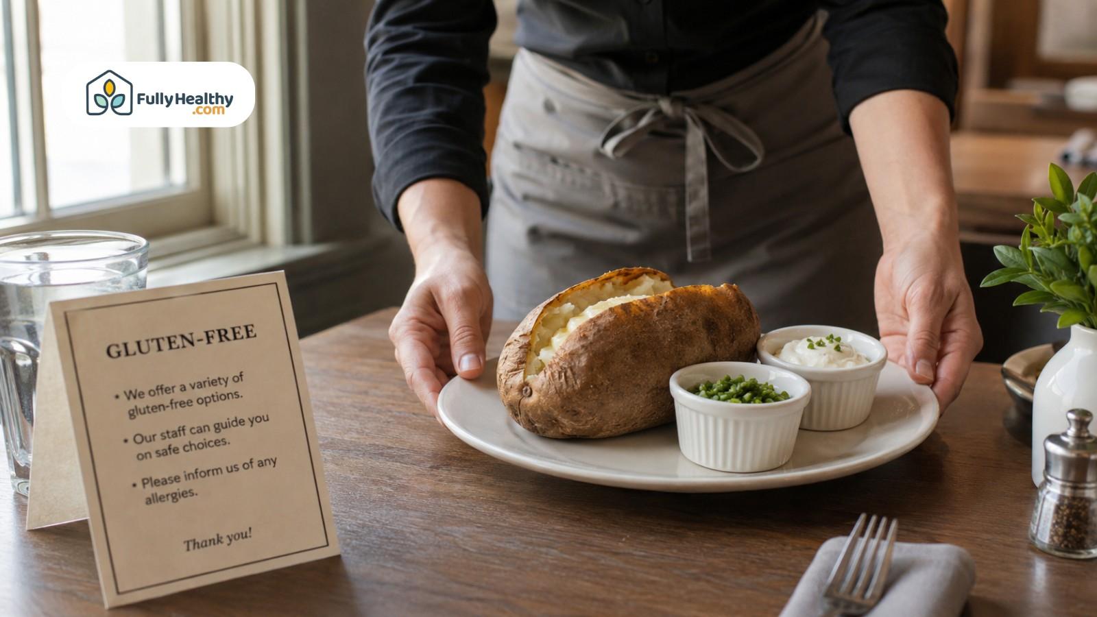 Server placing baked potato meal beside gluten-free menu note in restaurant