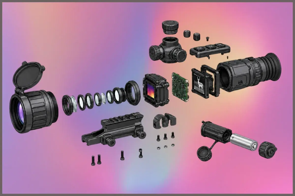 Thermal rifle scope exploded parts image.