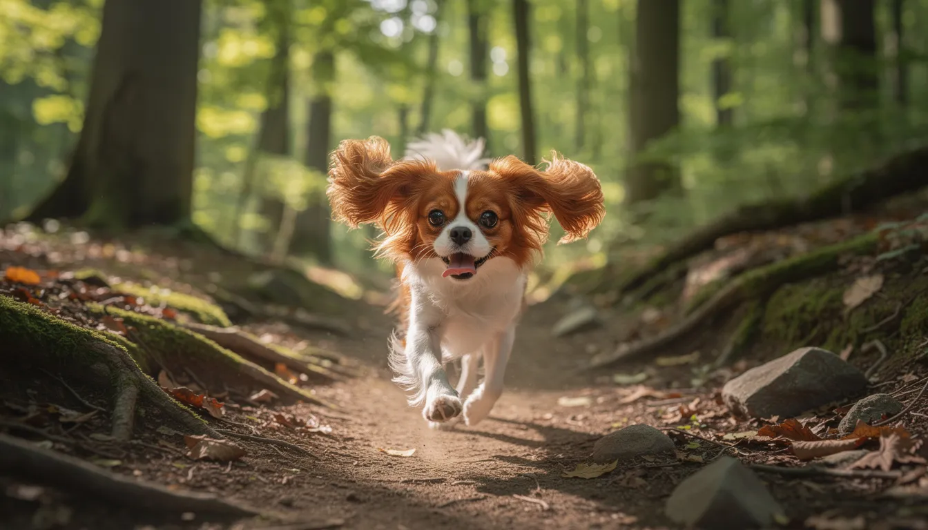 A lively English Toy Spaniel, with its distinctive black and tan coat and domed head, is captured mid-run along a forest trail, surrounded by lush greenery and dappled sunlight filtering through the trees. This delightful small breed showcases its playful nature as it joyfully chases after birds in its natural habitat.