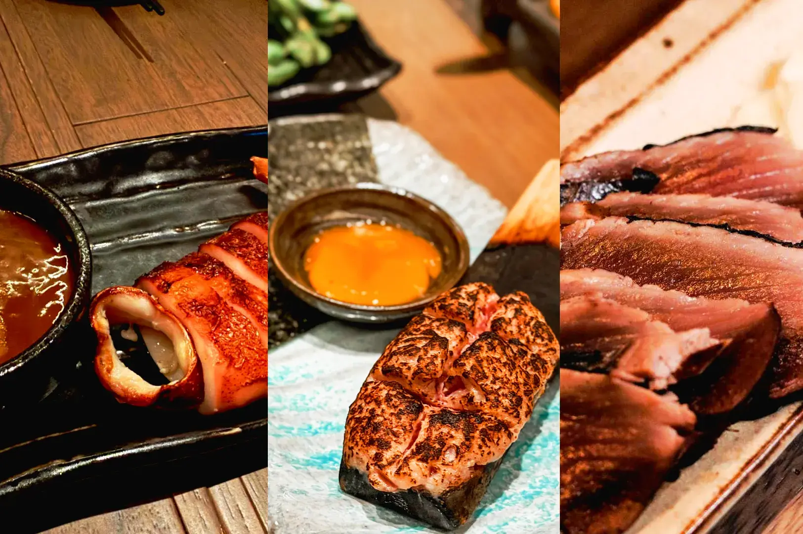 assorted Japanese izakaya dishes including grilled squid sushi and seared fish small plates