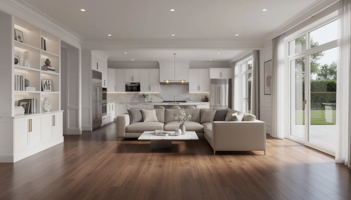 The image depicts a beautifully organized and clean interior of an estate home featuring polished hardwood floors, creating a clutter-free space that showcases the potential of a well-maintained property. This transformation highlights the effectiveness of professional hoarding cleanup services in restoring homes to a safe and inviting environment.