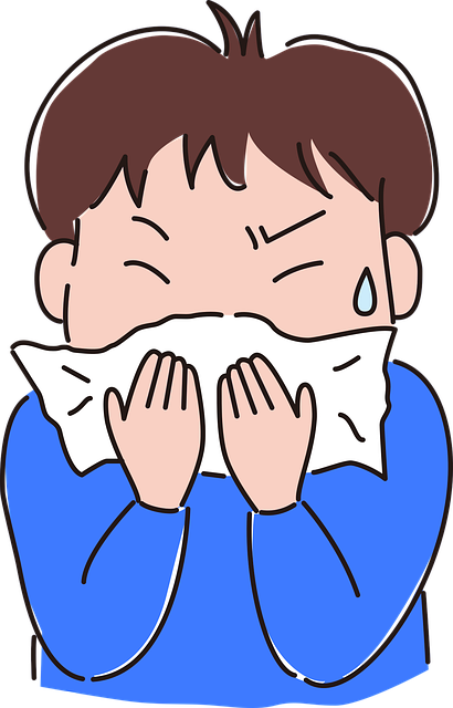 A cartoon rendering of a person having an allergic reaction, sweating, and blowing their nose. 