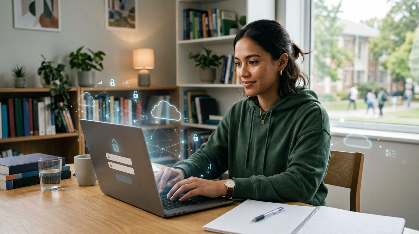 University student confidently logging into a secure online exam on a laptop in a quiet study space, with subtle cloud computing and cybersecurity.