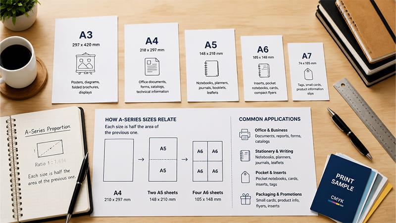 A-series paper size chart showing A3 A4 A5 A6 and A7 dimensions with common applications and size relationships