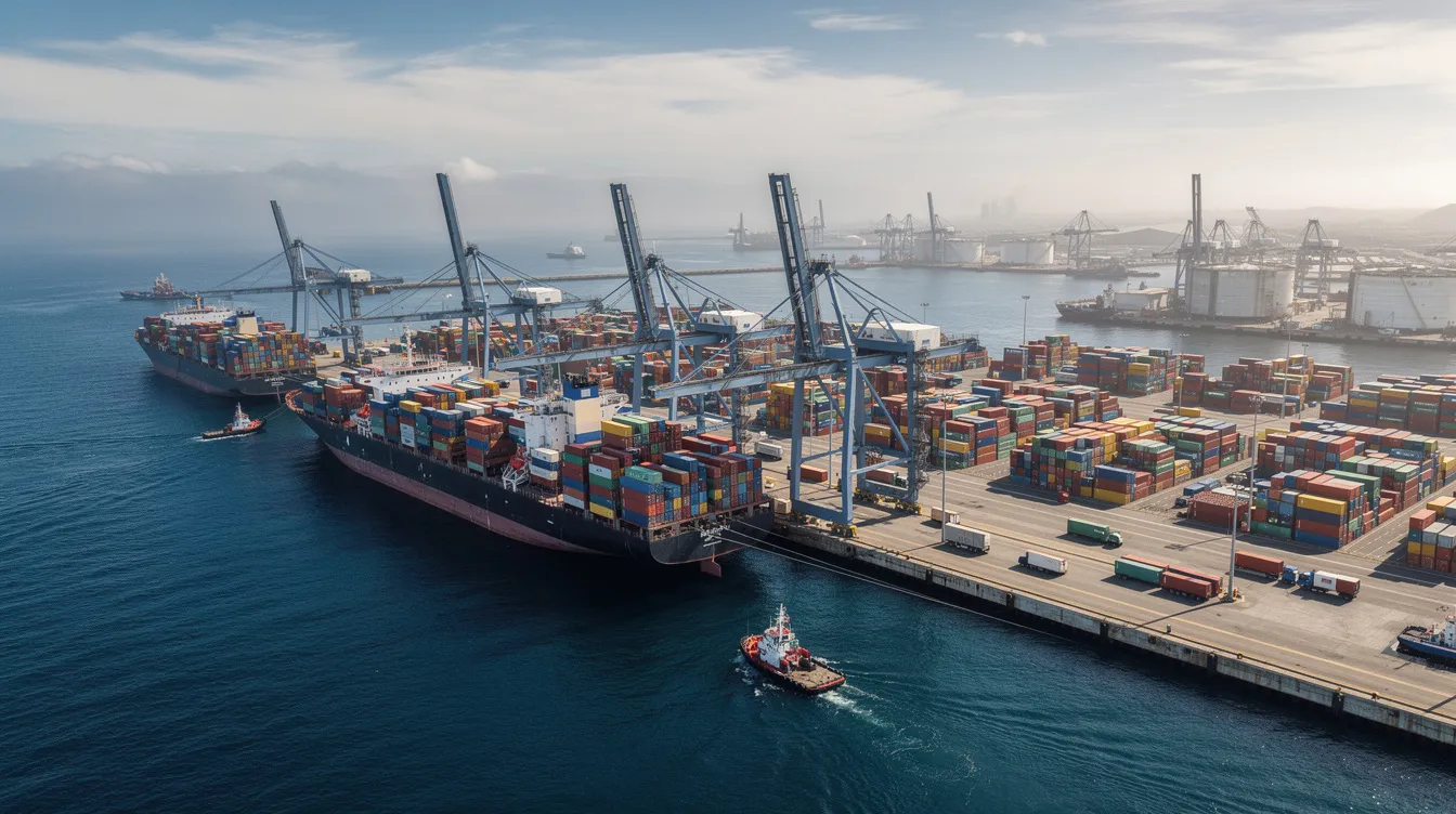 4621578c cd05 44fd 973e 3f92d850c368 The image depicts a bustling industrial port filled with large cargo ships and stacked containers along a vibrant coastline, illustrating the dynamic nature of global trade. This busy scene reflects the potential for profitable business ideas in Tamil Nadu, highlighting opportunities for local businesses and aspiring entrepreneurs in sectors such as logistics and digital marketing services.