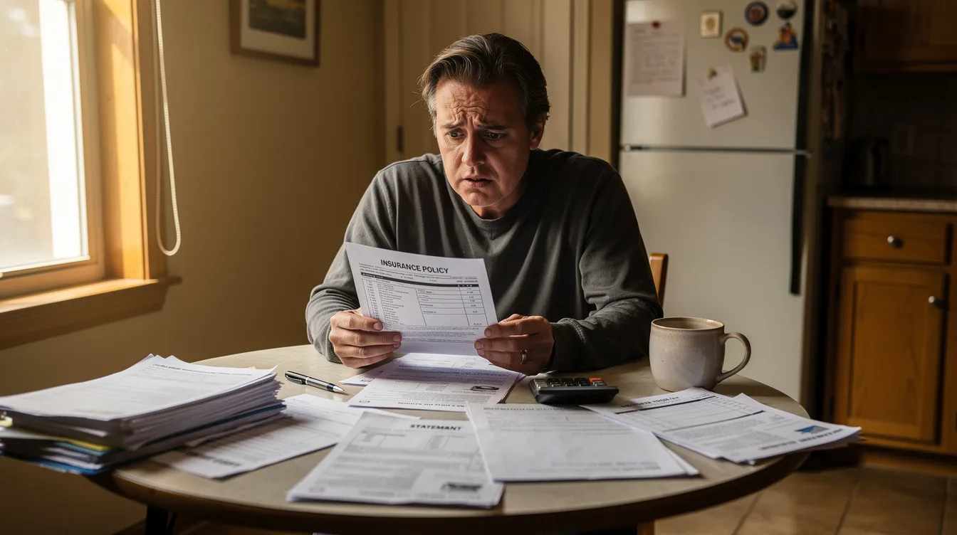 A person sits at a kitchen table, looking concerned as they review a stack of insurance documents and letters, possibly related to a bad faith insurance claim against their own insurance company. The expression on their face suggests they are grappling with issues surrounding coverage and the complexities of New Mexico law regarding insurance bad faith practices.