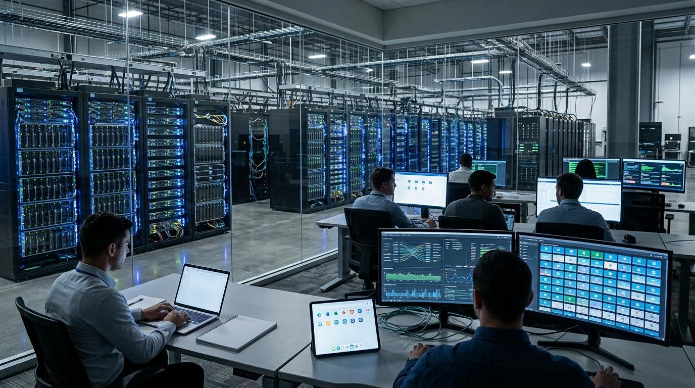 Modern cloud infrastructure supporting hundreds of users simultaneously accessing virtual desktops from laptops, tablets, and desktop computers with seamless performance.