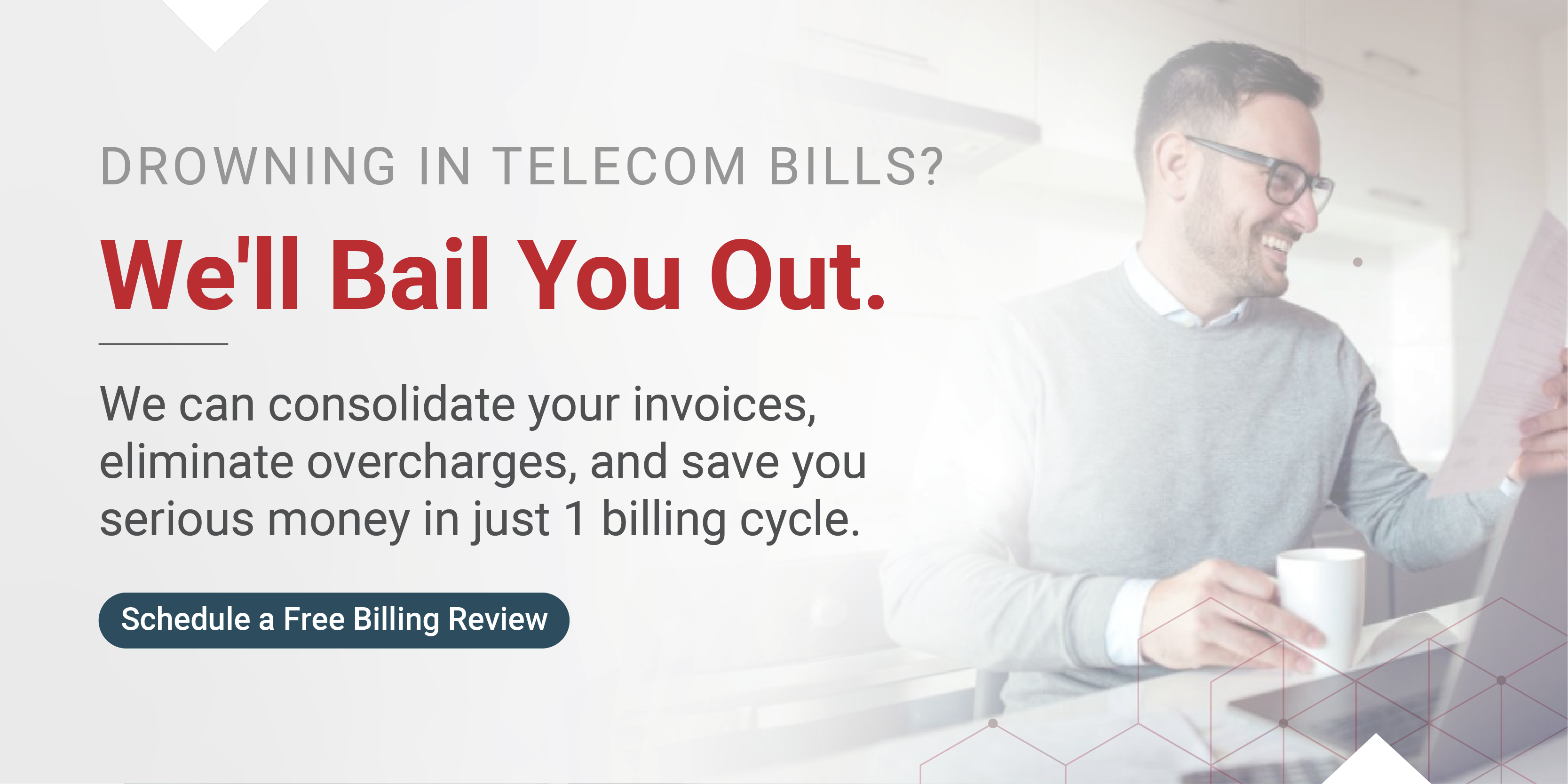 **Alt Text:**
Smiling man holding a bill and using a laptop, with bold text reading “We’ll Bail You Out” and a message offering telecom invoice consolidation and savings, alongside a “Schedule a Free Billing Review” button.