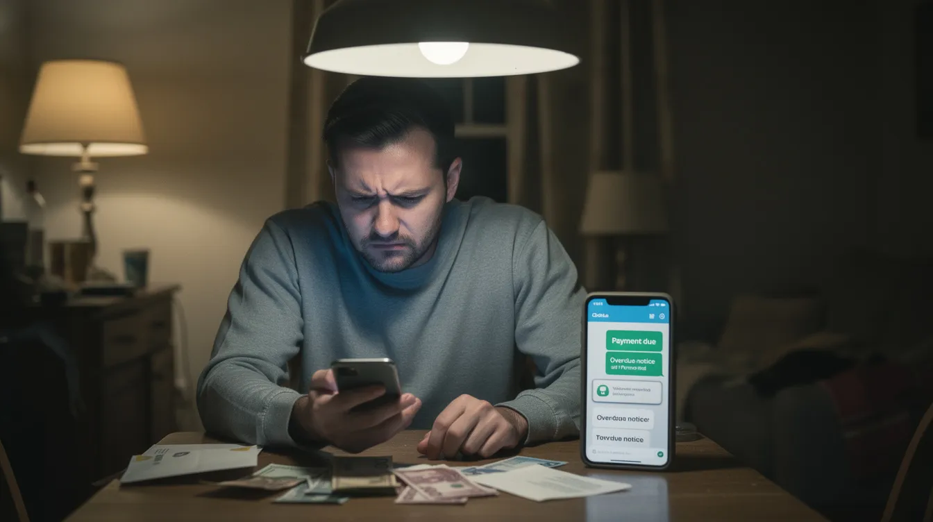 A worried borrower is anxiously looking at payment reminders on their phone, reflecting their concerns about managing their financial situation and upcoming repayment deadlines. The image captures the stress associated with loans and the importance of monitoring one's financial obligations, such as the repayment amounts and loan approvals.