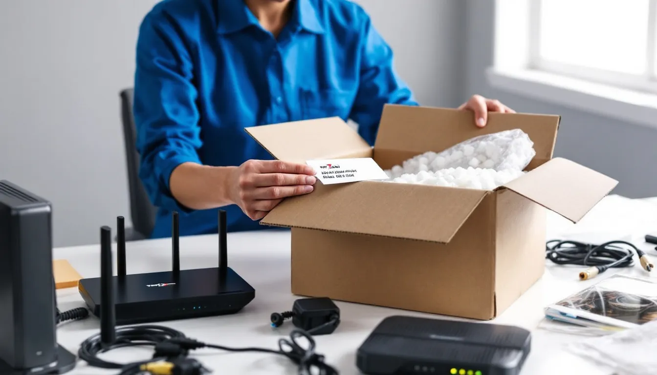 A person is carefully packing Verizon equipment, including a router, into a box for return shipping, preparing to cancel their Verizon Fios service. This process is part of managing their home internet service and ensuring they follow the cancellation process correctly.