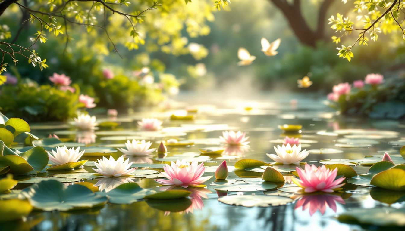 A vibrant garden pond in spring, showcasing healthy aquatic plants and clear pond water.